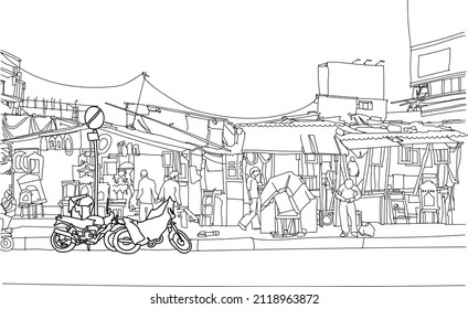 Ilustración de escena callejera. Esbozo de líneas tintas a mano de barrios pobres de Mumbai, India. Diseño de postales en forma de contorno, vista de perspectiva. Pobreza de las favelas