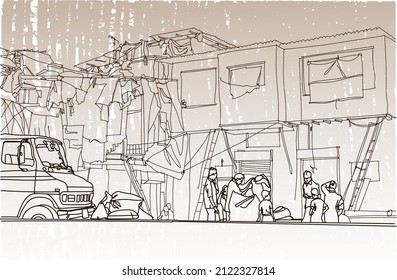 Scene street  illustration. Hand drawn ink line sketch of Mumbai slums, India. Postcards design in outline style, perspective view. Poverty of favelas