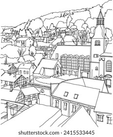 Scene street illustration. Hand drawn ink line sketch European old town Heimbach, Germany  with buildings, cathedral in outline style. Ink drawing of cityscape, perspective view. Bird view svg