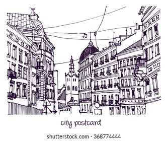 Scene street illustration. Hand drawn ink line sketch European old town, historical architecture  with buildings, roofs in outline style. Ink drawing of cityscape, perspective view. Travel postcard.