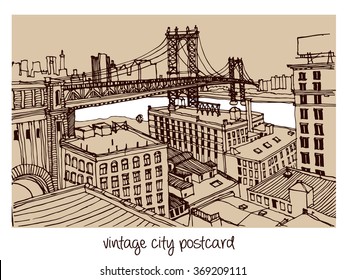 Scene street illustration. Hand drawn ink vintage  line sketch New York city, Brooklyn, Manhattan  with buildings, roofs, Williamsburg bridge, cityscape  in outline style perspective view. Postcards.