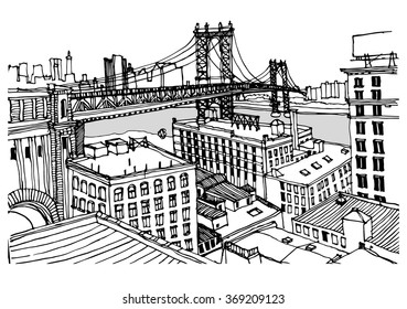 Scene street illustration. Hand drawn ink line sketch New York city, Brooklyn, Manhattan  with buildings, roofs, Williamsburg bridge, cityscape  in outline style perspective view. Postcards design.