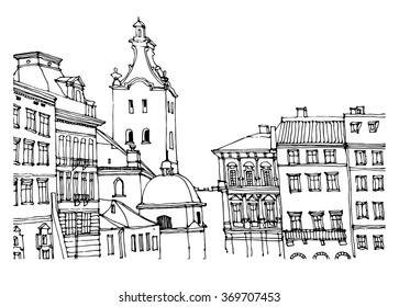 Scene street illustration. Hand drawn ink line sketch European old town, historical architecture  with buildings, roofs in outline style. Ink drawing of cityscape, perspective view. Travel postcard.