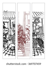 Scene street illustration. Hand drawn ink line sketch European old town and cafe with chairs, tables in outline style. Ink drawing of cityscape, perspective view. Travel postcard. Set of bookmarks.