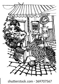Scene street illustration. Hand drawn ink line sketch European old town and cafe with chairs, tables,roof and motorbike in outline style. Ink drawing of cityscape, perspective view. Travel postcard.