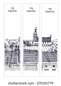 Scene street illustration. Hand drawn ink line sketch European old town, historical architecture  with buildings, roofs in outline style. Ink drawing of cityscape, perspective view. Bookmarks
