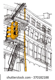 Scene street illustration. Hand drawn ink line sketch New York city,Manhattan  with buildings, traffic light,stairs, cityscape  in outline style perspective view. Financial district. Postcards design.