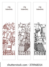 Scene street illustration. Hand drawn ink line sketch European old town, historical architecture  with buildings, roofs in outline style. Ink drawing of cityscape, perspective view. Bookmarks