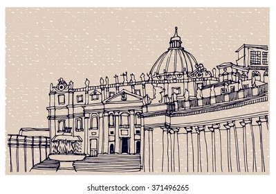 Scene street illustration. Hand drawn ink line vintage sketch European old town Rome, historical architecture with buildings, roofs . Ink drawing of cityscape, perspective view. Travel postcard.