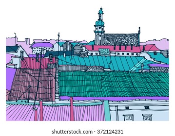 Scene street illustration. Hand drawn colorful sketch European old town, historical architecture  with buildings, roofs in outline style. Ink drawing of cityscape, perspective view. Travel postcard.