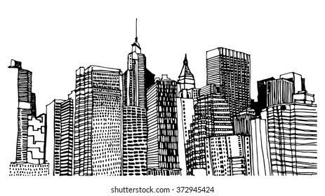 Scene street illustration. Hand drawn ink line sketch New York city, Manhattan  with buildings, roofs, cityscape  in outline style perspective view. Postcards design. 