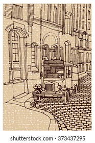 Scene street illustration. Hand drawn ink line vintage sketch European old town , historical architecture with car, buildings, roofs . Ink drawing of cityscape, perspective view. Travel postcard.