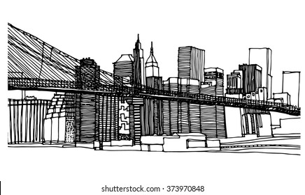 Scene street illustration. Hand drawn ink line sketch New York city,, Manhattan  with buildings, roofs,  bridge, cityscape  in outline style perspective view. Postcards design.