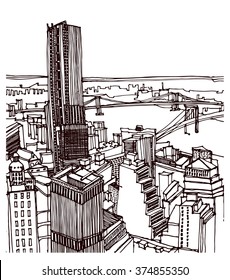 Scene street illustration. Hand drawn ink line sketch New York city, Manhattan  with buildings, roofs,  bridge, cityscape, skyline  in outline style perspective view. Postcards design.