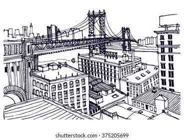 Scene street illustration. Hand drawn ink line sketch New York city, Brooklyn, Manhattan  with buildings, roofs, Williamsburg bridge, cityscape  in outline style perspective view. Postcards design.