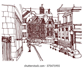 Scene street illustration. Hand drawn ink line sketch European old town, historical architecture  with buildings, roofs in outline style. Ink drawing of cityscape, perspective view. Travel postcard.