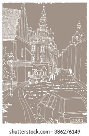Scene street illustration. Hand drawn ink line vintage sketch European old town , historical architecture with cars, buildings, road . Ink drawing of cityscape, perspective view. Travel postcard.