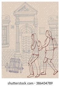 Scene street illustration. Hand drawn ink line sketch European old town, door,stones, exterior in outline style. Ink drawing of perspective view. Travel postcard.