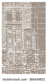 Scene street illustration. Hand drawn ink line sketch European old town, door,stones, exterior in outline style. Ink drawing of perspective view. Travel postcard.