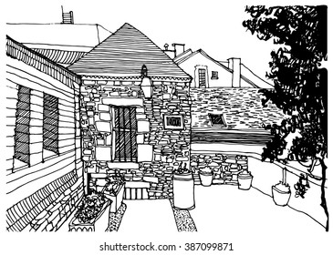 Scene street illustration. Hand drawn ink line sketch European old town,country, village, door,stones, exterior in outline style. Ink drawing of perspective view. Travel postcard.