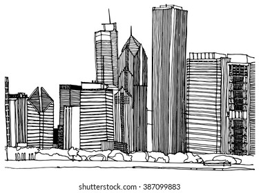 Scene street illustration. Hand drawn ink line sketch Chicago city skyline with buildings, roofs, skyscrapers, cityscape  in outline style perspective view. Postcards design.