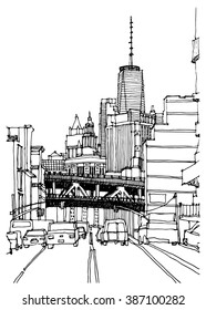 Scene street illustration. Hand drawn ink line sketch New York city, Brooklyn, Manhattan  with buildings,road, Williamsburg bridge, cityscape  in outline style perspective view. Postcards design.