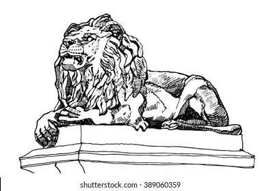 Scene street illustration. Hand drawn ink line sketch sculpture of lying lion in European landscape  in outline style, perspective view. Postcards design.