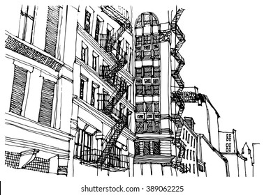  Scene street illustration. Hand drawn ink line sketch New York city, Brooklyn, Manhattan  with buildings, cityscape  in outline style perspective view. Postcards design.