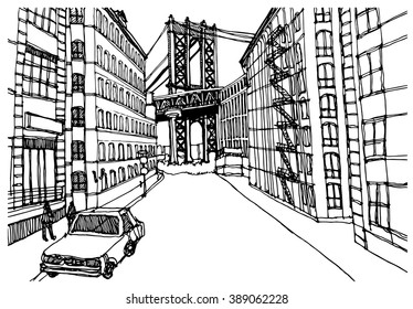  Scene street illustration. Hand drawn ink line sketch New York city, Brooklyn, Manhattan  with buildings,road, bridge, cityscape  in outline style perspective view. Postcards design.