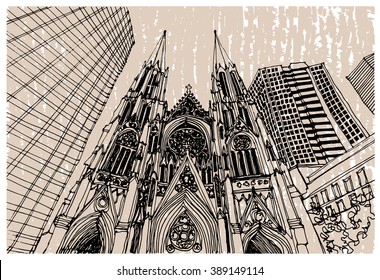 Scene street illustration. Hand drawn ink line sketch New York city,Manhattan  with buildings,St. Patrick's Cathedral, skyscrapers, cityscape  in outline style perspective view. Postcards design.