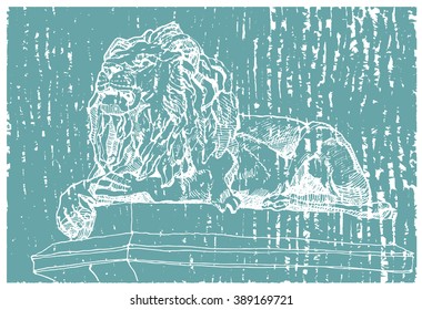 Scene street illustration. Hand drawn ink line sketch sculpture of lying lion in European landscape  in outline style, perspective view. Postcards design.