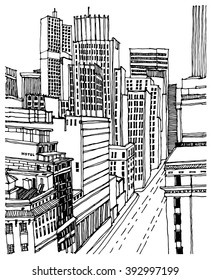 Scene Street Illustration. Hand Drawn Ink Line Sketch San Francisco City, America, With Buildings,road, Cityscape  In Outline Style Perspective View. Postcards Design.