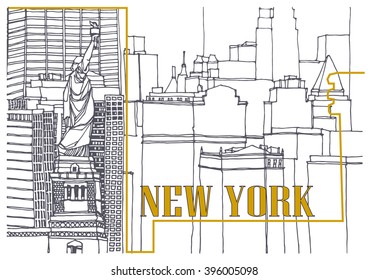 Scene street illustration. Hand drawn ink line sketch New York city, Manhattan  with buildings, Statue of Liberty, cityscape  in outline style perspective view. Postcards design.Panorama view