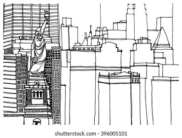 Scene street illustration. Hand drawn ink line sketch New York city, Manhattan  with buildings, Statue of Liberty, cityscape  in outline style perspective view. Postcards design.Panorama view