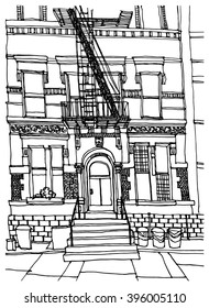 Scene street illustration. Hand drawn ink line sketch New York city, Brooklyn, Manhattan  with buildings, door, stairs in outline style perspective view. Postcards design.