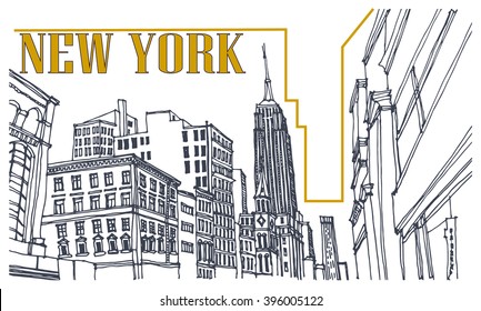 Scene street illustration. Hand drawn ink line sketch New York city, Manhattan  with buildings,Empire State building,cityscape  in outline style perspective view. Postcards design.