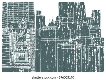 Scene street illustration. Hand drawn ink line sketch New York city, Manhattan  with buildings, Statue of Liberty, cityscape  in outline style perspective view. Postcards design.Panorama view