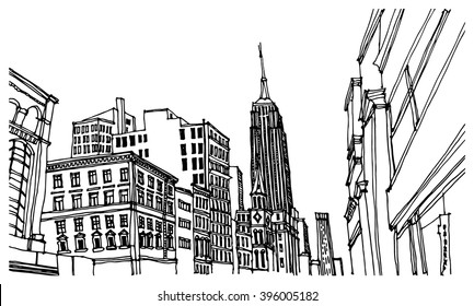 Scene Street Illustration. Hand Drawn Ink Line Sketch New York City,Manhattan  With Buildings,Empire State Building,cityscape  In Outline Style Perspective View. Postcards Design.