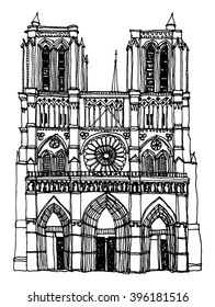 Scene street illustration. Hand drawn ink line sketch facade of Notre Dame de Paris in Paris, France. Postcards design in outline style, perspective view. Travel illustration.