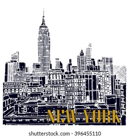 Scene Street Illustration. Hand Drawn Ink Line Sketch New York City, Manhattan  With Buildings,Empire State Building,cityscape  In Outline Style Perspective View. Postcards Design.