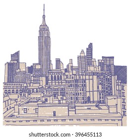 Scene Street Illustration. Hand Drawn Ink Line Sketch New York City, Manhattan  With Buildings,Empire State Building,cityscape  In Outline Style Perspective View. Postcards Design.