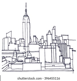 Scene Street Illustration. Hand Drawn Ink Line Sketch New York City, Manhattan  With Buildings,Empire State Building,cityscape  In Outline Style Perspective View. Postcards Design.