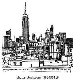 Scene Street Illustration. Hand Drawn Ink Line Sketch New York City, Manhattan  With Buildings,Empire State Building,cityscape  In Outline Style Perspective View. Postcards Design.