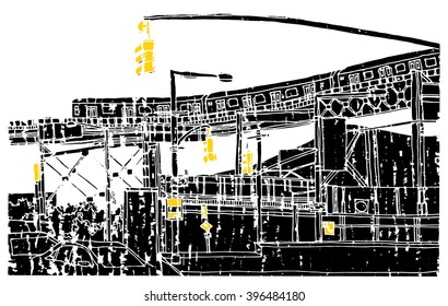 Scene Street Illustration. Hand Drawn Ink Line Sketch New York City, Brooklyn  With Buildings,construction, Subway Station, Train In Outline Style Perspective View. Postcards Design.