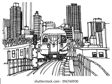 Scene street illustration. Hand drawn ink line sketch New York city, Brooklyn  with buildings,construction, subway station, train in outline style perspective view. Postcards design.