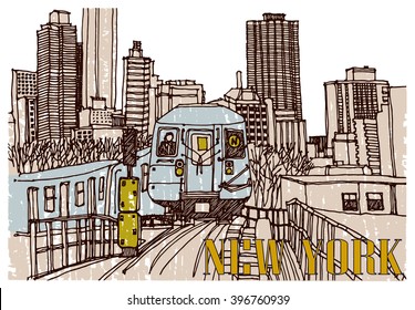 Scene Street Illustration. Hand Drawn Ink Line Sketch New York City, Brooklyn  With Buildings,construction, Subway Station, Train In Outline Style Perspective View. Postcards Design.