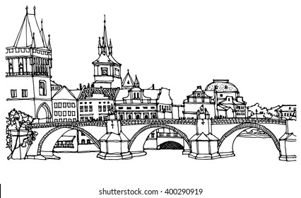 Scene street illustration. Hand drawn ink line sketch European city Prague ,Czech Republic  with buildings, roofs, bridge  in outline style perspective view. Postcards design. 