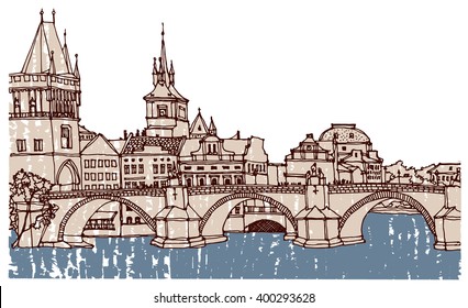 Scene street illustration. Hand drawn ink line sketch European city Prague ,Czech Republic  with buildings, roofs, bridge  in outline style perspective view. Postcards design. 