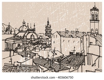 Scene street illustration. Hand drawn ink line sketch European old town,roofs,domes, exterior in outline style. Ink drawing of perspective view. Travel postcard.
