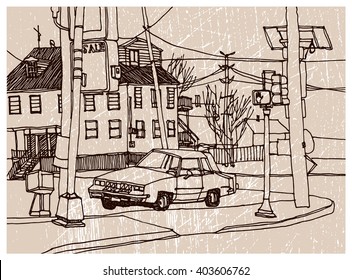 Scene street illustration. Hand drawn ink line sketch Boston, with buildings, car ,traffic lights, cityscape  in outline style perspective view. Postcards design.